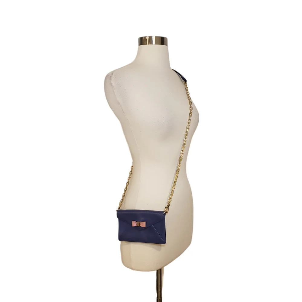 Tory Burch Blue Leather Envelope Mini Crossbody Purse Bag with Pink Bow